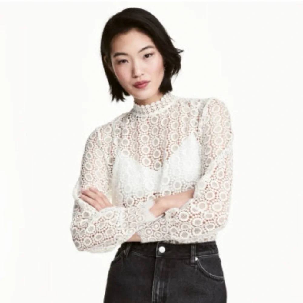 H&M Victorian Style High Neck White Crochet Lace Blouse